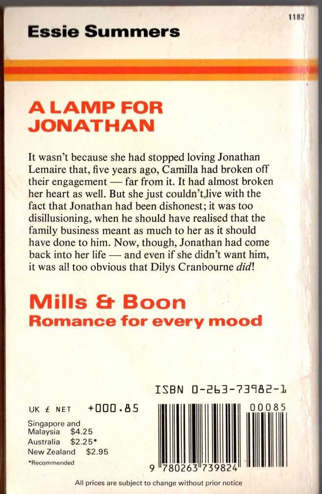 Essie Summers  A LAMP FOR JONATHAN magnified rear book cover image