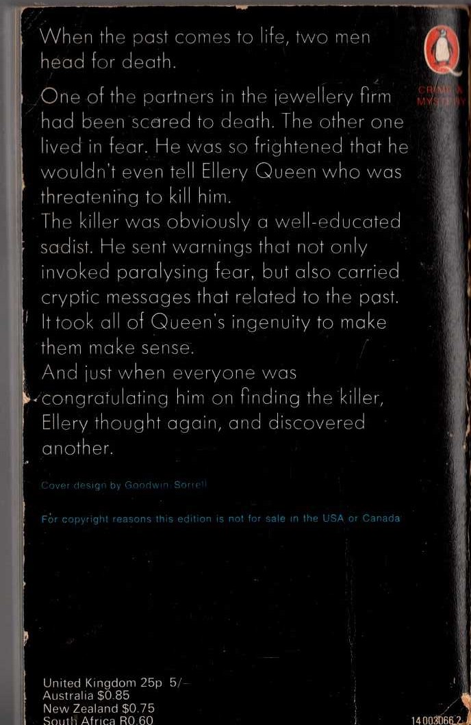 Ellery Queen  THE ORIGIN OF EVIL magnified rear book cover image