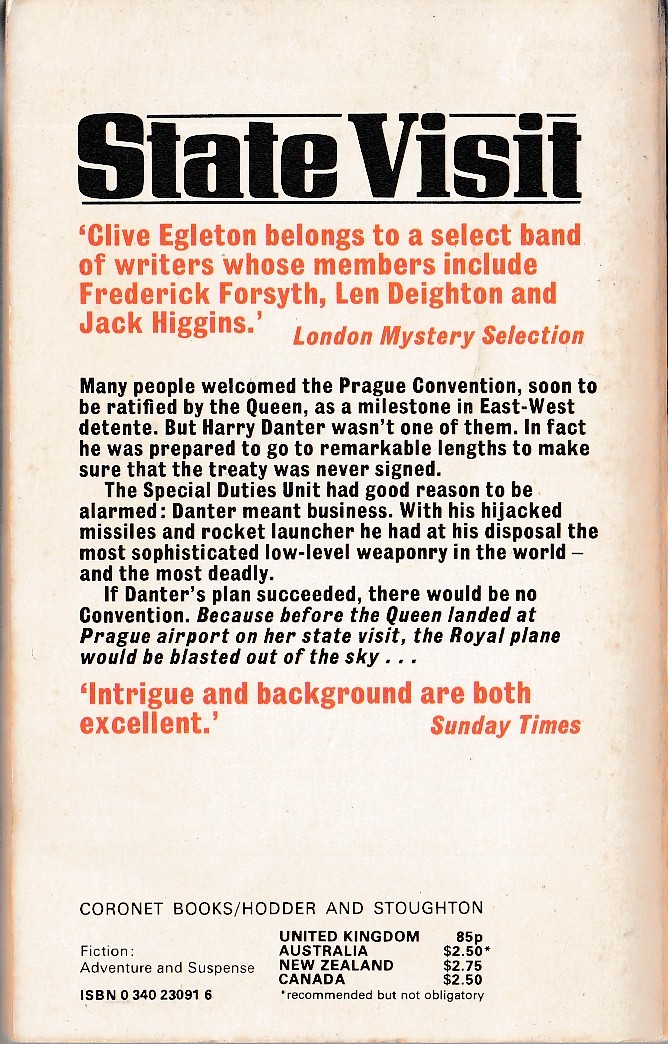 Clive Egleton  STATE VISIT magnified rear book cover image