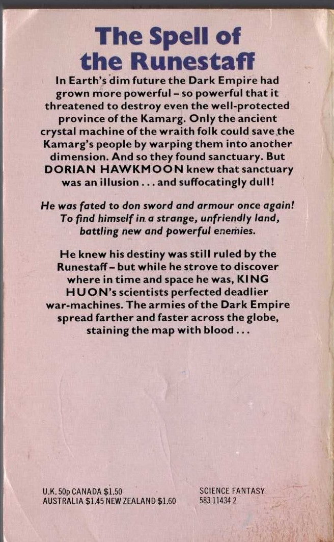 Michael Moorcock  THE SWORD OF THE DAWN magnified rear book cover image