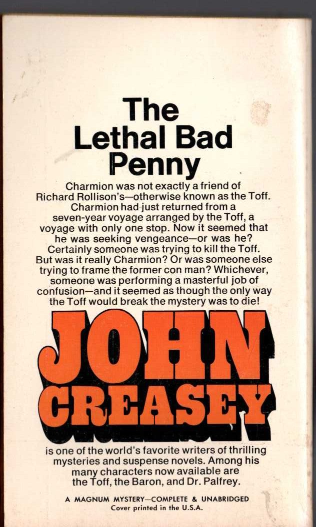 John Creasey  THE TOFF AND THE GREAT ILLUSION magnified rear book cover image