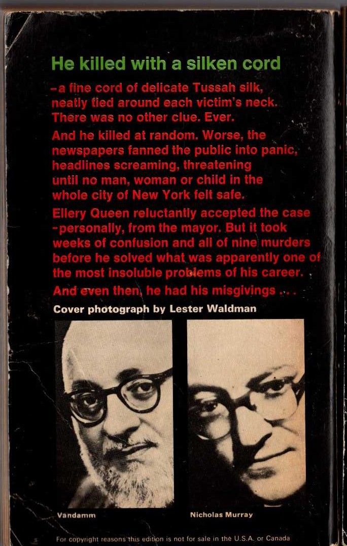 Ellery Queen  CAT OF MANY TAILS magnified rear book cover image
