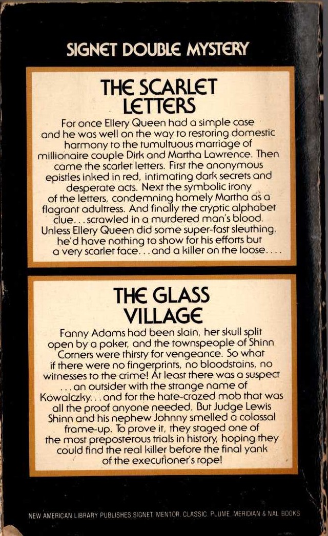 Ellery Queen  THE SCARLET LETTERS and THE GLASS VILLAGE magnified rear book cover image