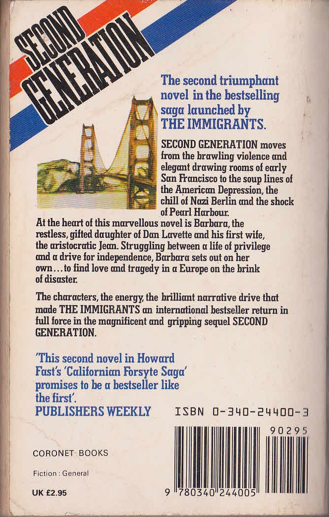 Howard Fast  SECOND GENERATION magnified rear book cover image