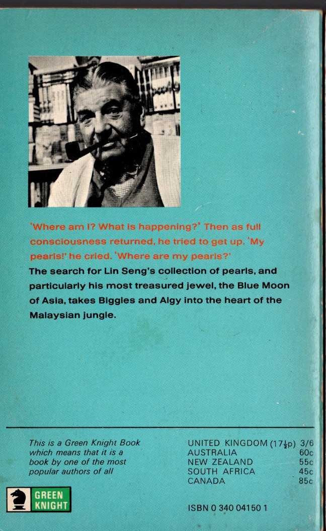 Captain W.E. Johns  BIGGLES AND THE BLUE MOON magnified rear book cover image