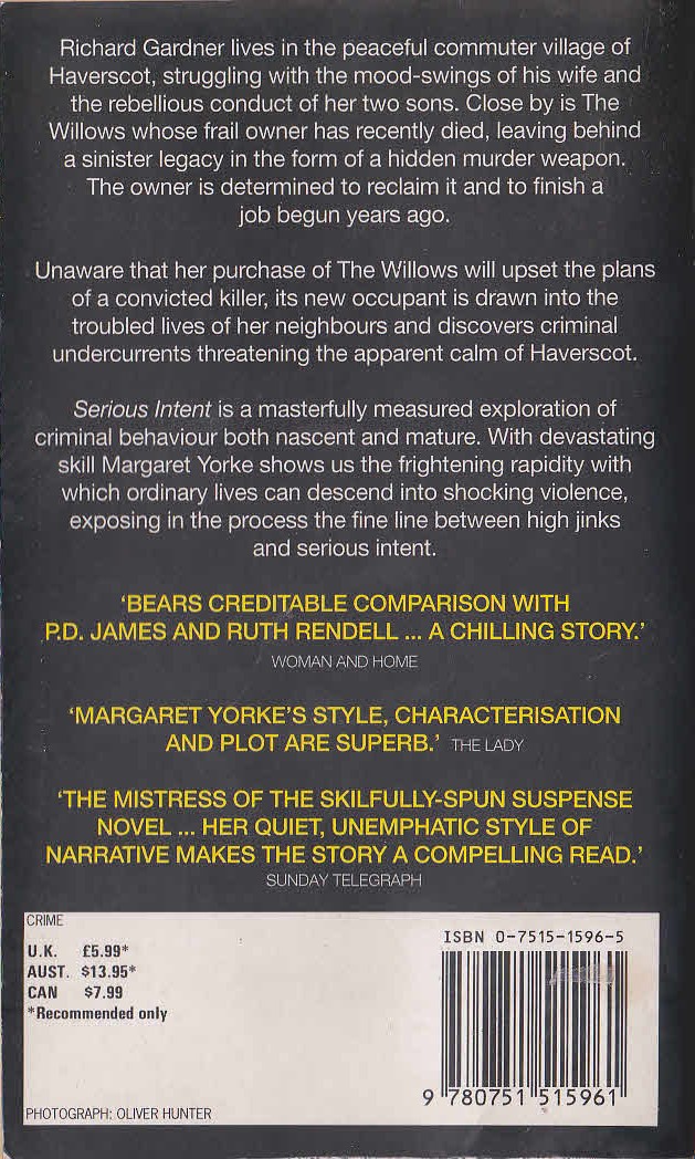 Margaret Yorke  SERIOUS INTENT magnified rear book cover image