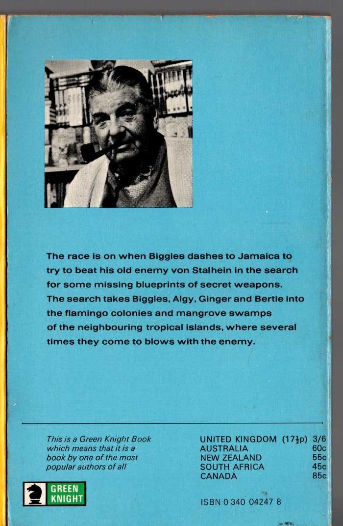 Captain W.E. Johns  BIGGLES IN THE BLUE magnified rear book cover image