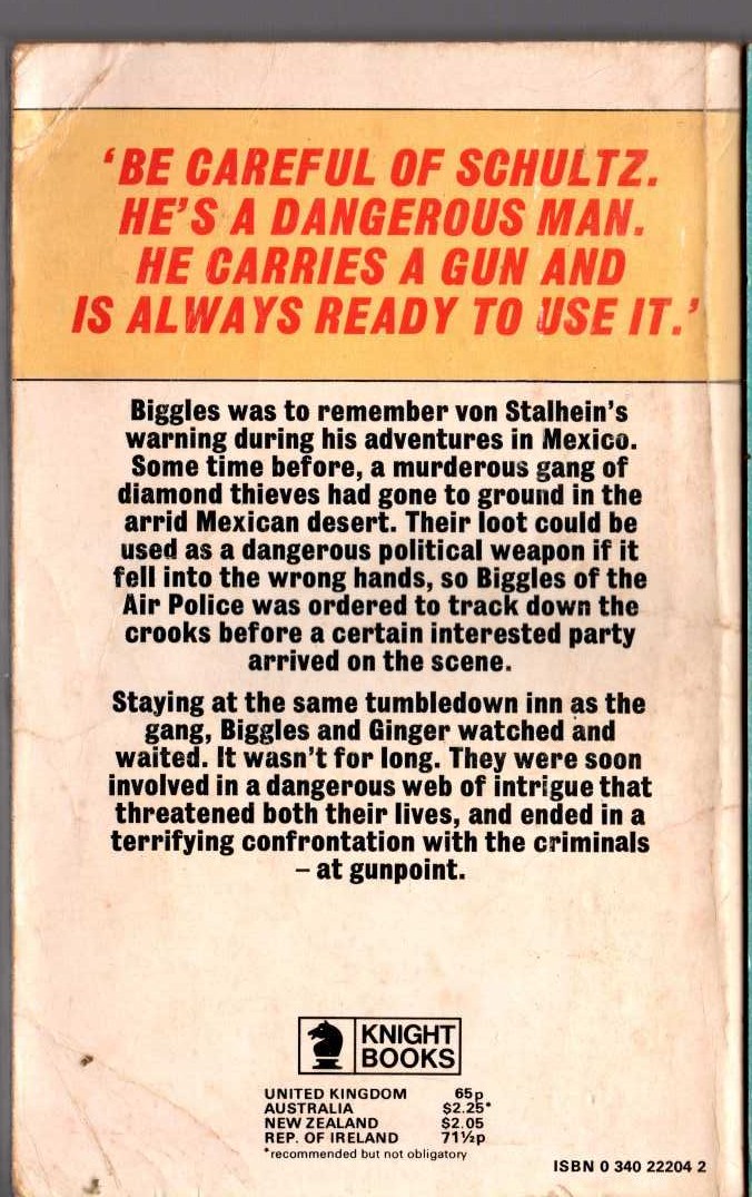 Captain W.E. Johns  BIGGLES IN MEXICO magnified rear book cover image