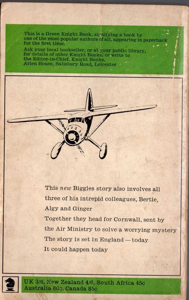Captain W.E. Johns  BIGGLES AND THE DARK INTRUDER magnified rear book cover image