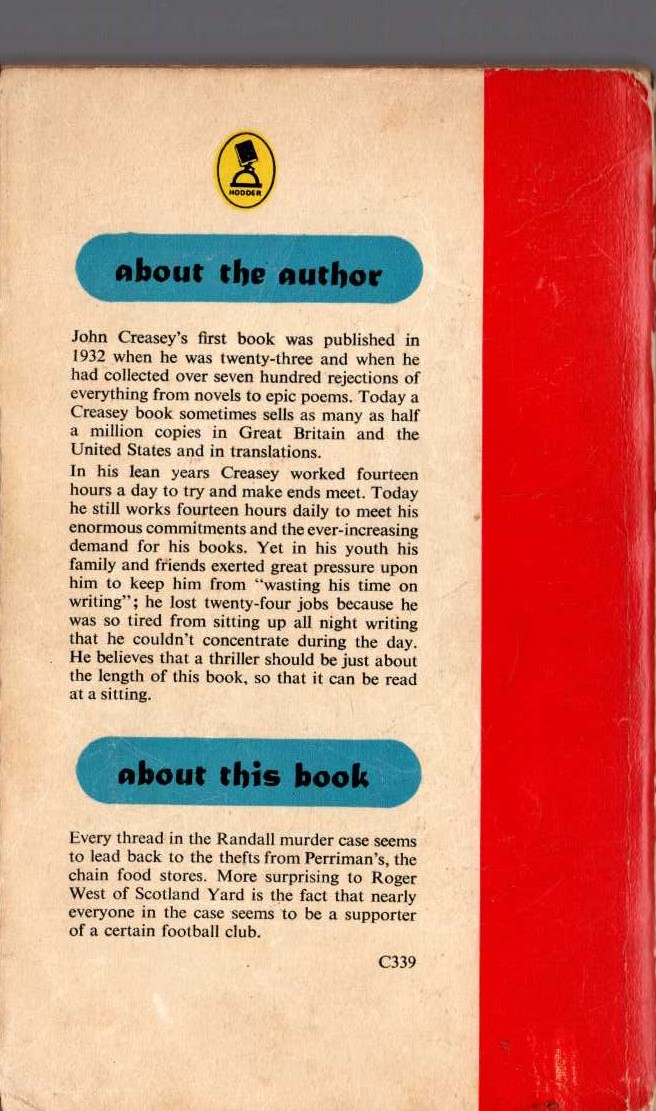 John Creasey  INSPECTOR WEST KICKS OFF magnified rear book cover image