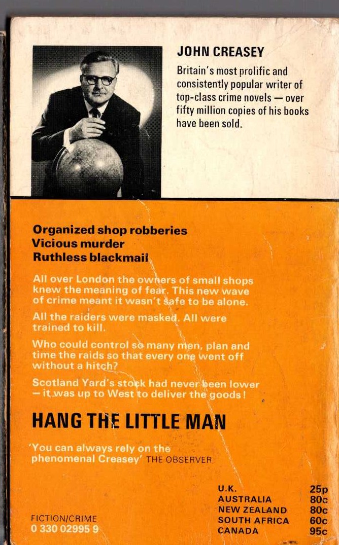 John Creasey  HANG THE LITTLE MAN magnified rear book cover image