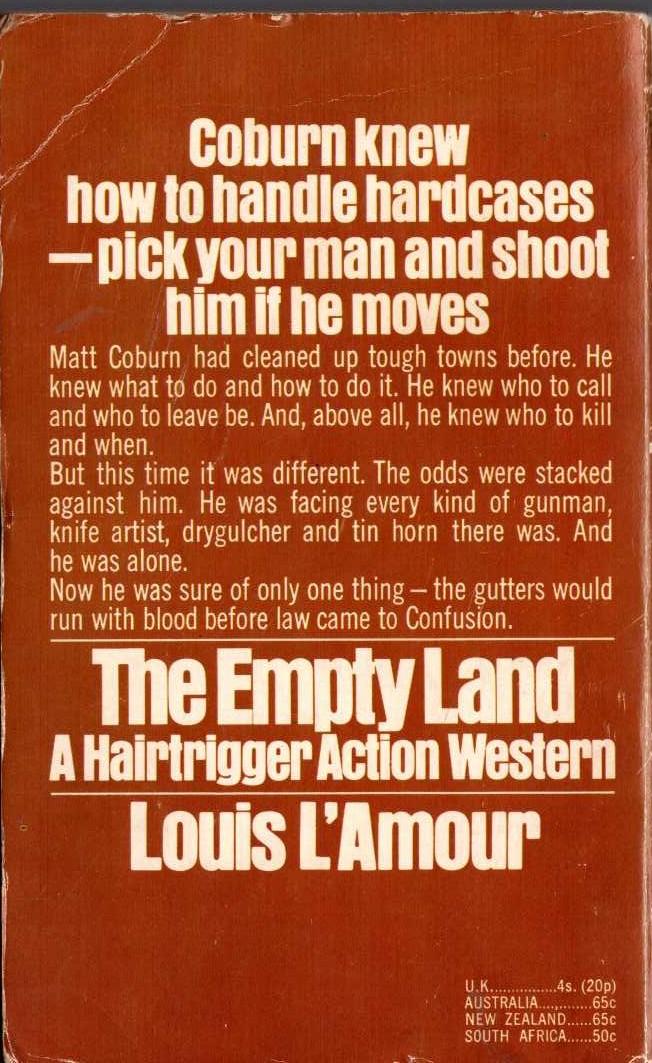 Louis L'Amour  THE EMPTY LAND magnified rear book cover image