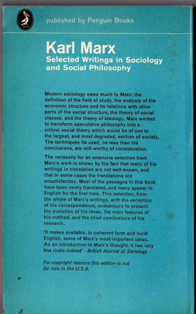KARL MARX. Selected Writings in Sociology and Social Philosophy magnified rear book cover image