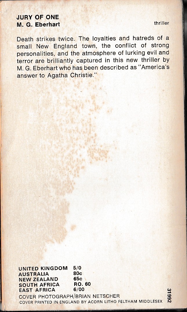 Mignon G. Eberhart  JURY OF ONE magnified rear book cover image