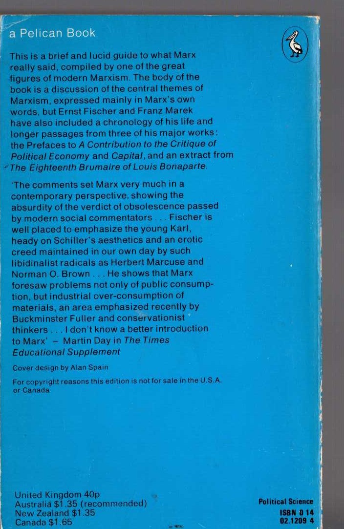 Ernst Fischer  MARX IN HIS OWN WORDS magnified rear book cover image