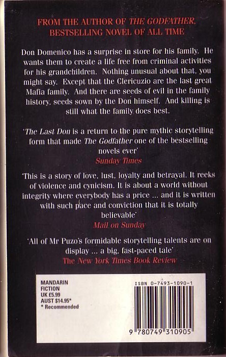 Mario Puzo  THE LAST DON magnified rear book cover image