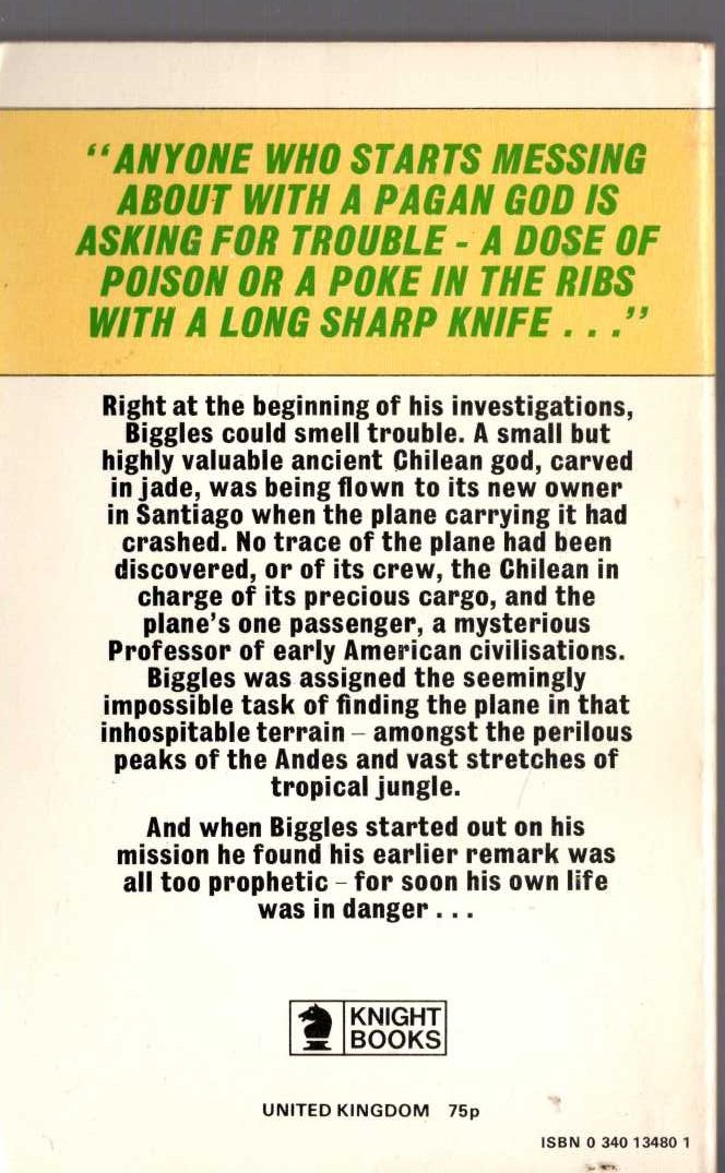 Captain W.E. Johns  BIGGLES AND THE LITTLE GREEN GOD magnified rear book cover image