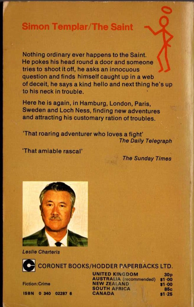 Leslie Charteris  TRUST THE SAINT magnified rear book cover image