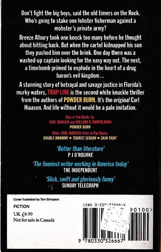 (Carl Hiaasen & William D.Montalbano) TRAP LINE magnified rear book cover image
