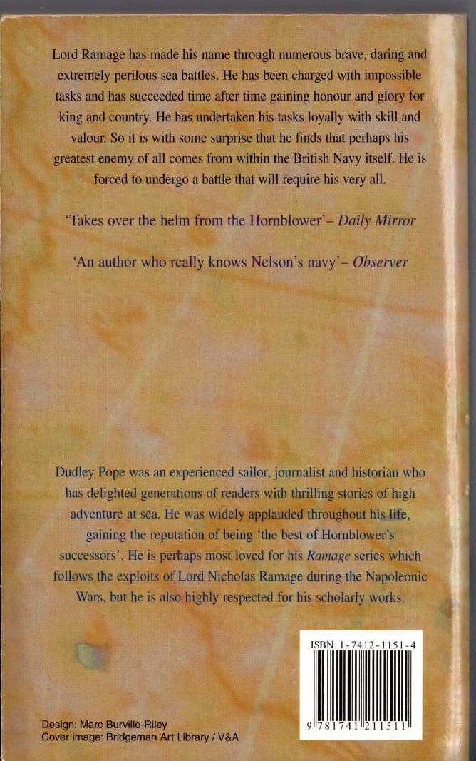 Dudley Pope  RAMAGE'S TRIAL magnified rear book cover image