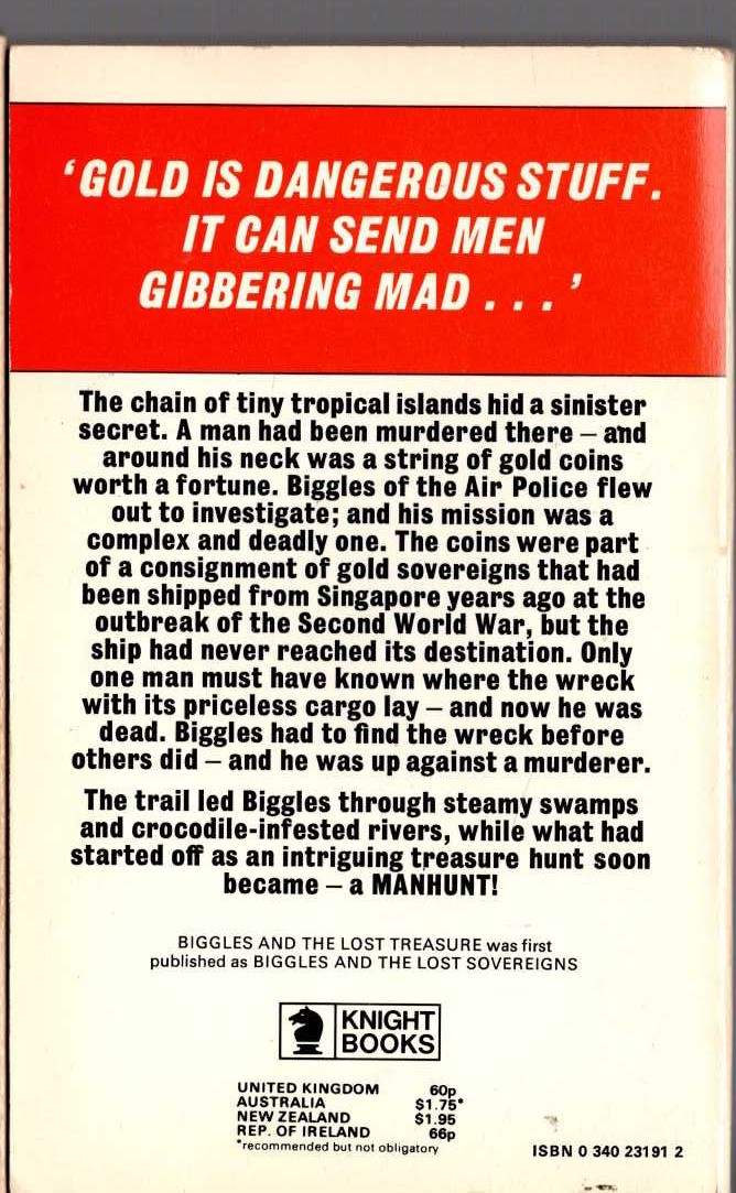Captain W.E. Johns  BIGGLES AND THE LOST TREASURE magnified rear book cover image