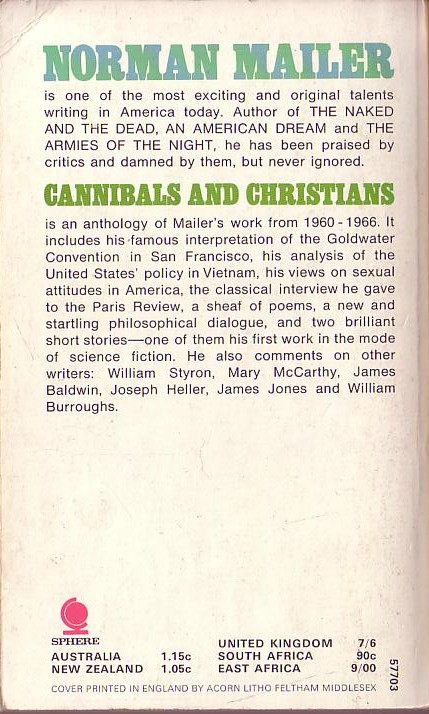 Norman Mailer  CANNIBALS AND CHRISTIANS (non-fiction) magnified rear book cover image
