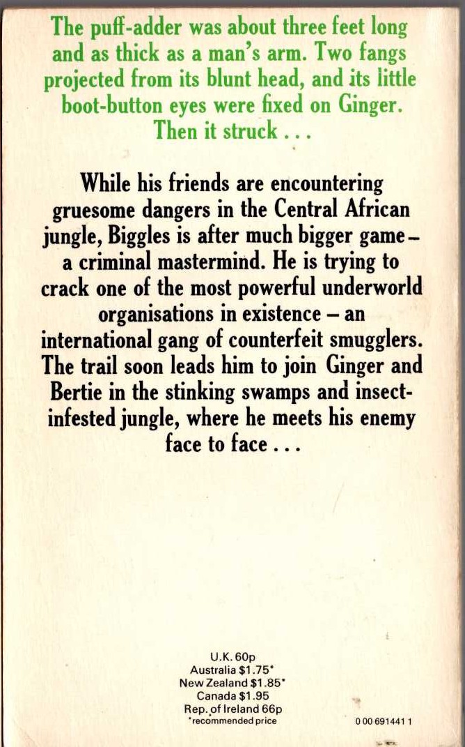 Captain W.E. Johns  BIGGLES HUNTS BIG GAME magnified rear book cover image