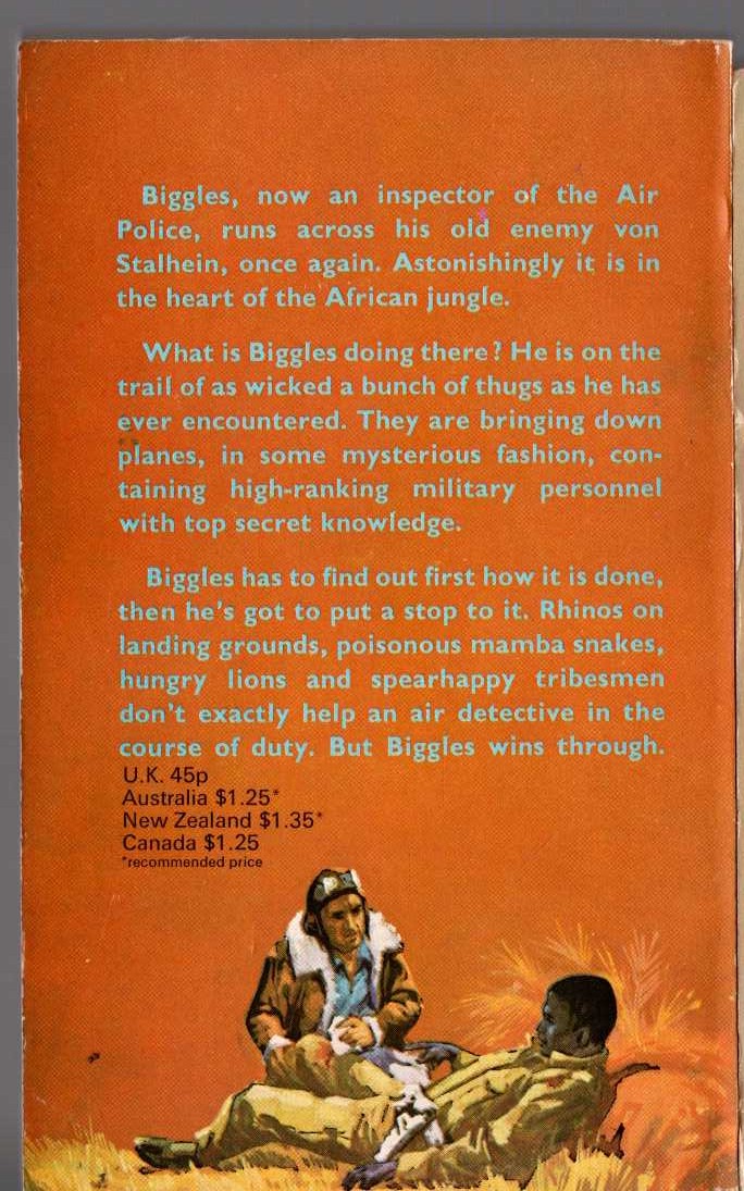 Captain W.E. Johns  NO REST FOR BIGGLES magnified rear book cover image