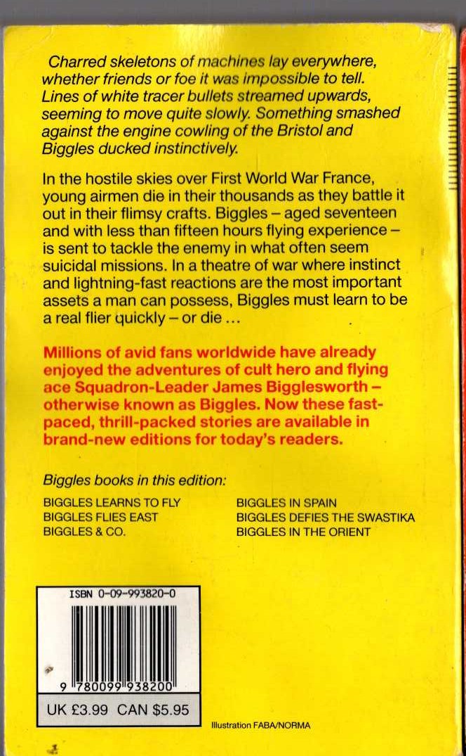 Captain W.E. Johns  BIGGLES LEARNS TO FLY magnified rear book cover image