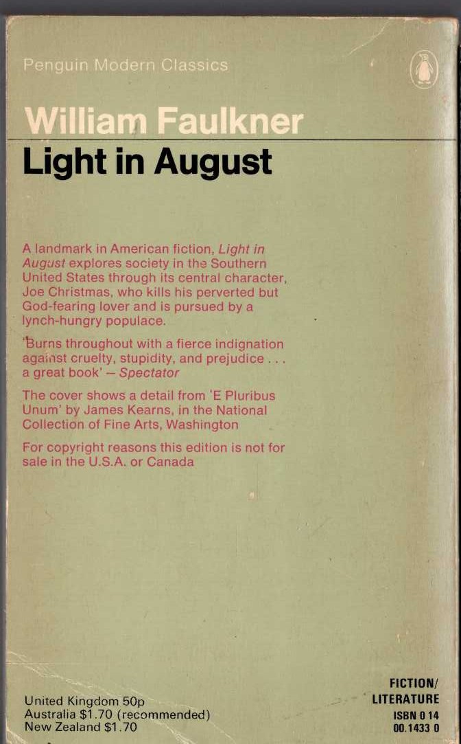William Faulkner  LIGHT IN AUGUST magnified rear book cover image