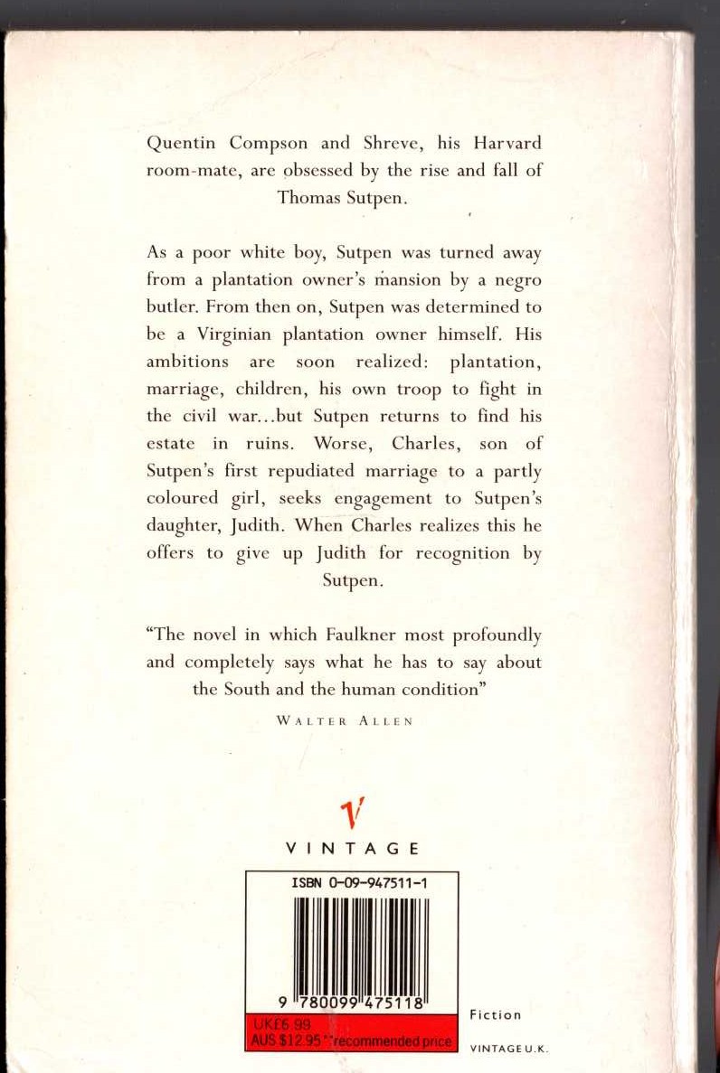 William Faulkner  ABSALOM, ABSALOM! magnified rear book cover image