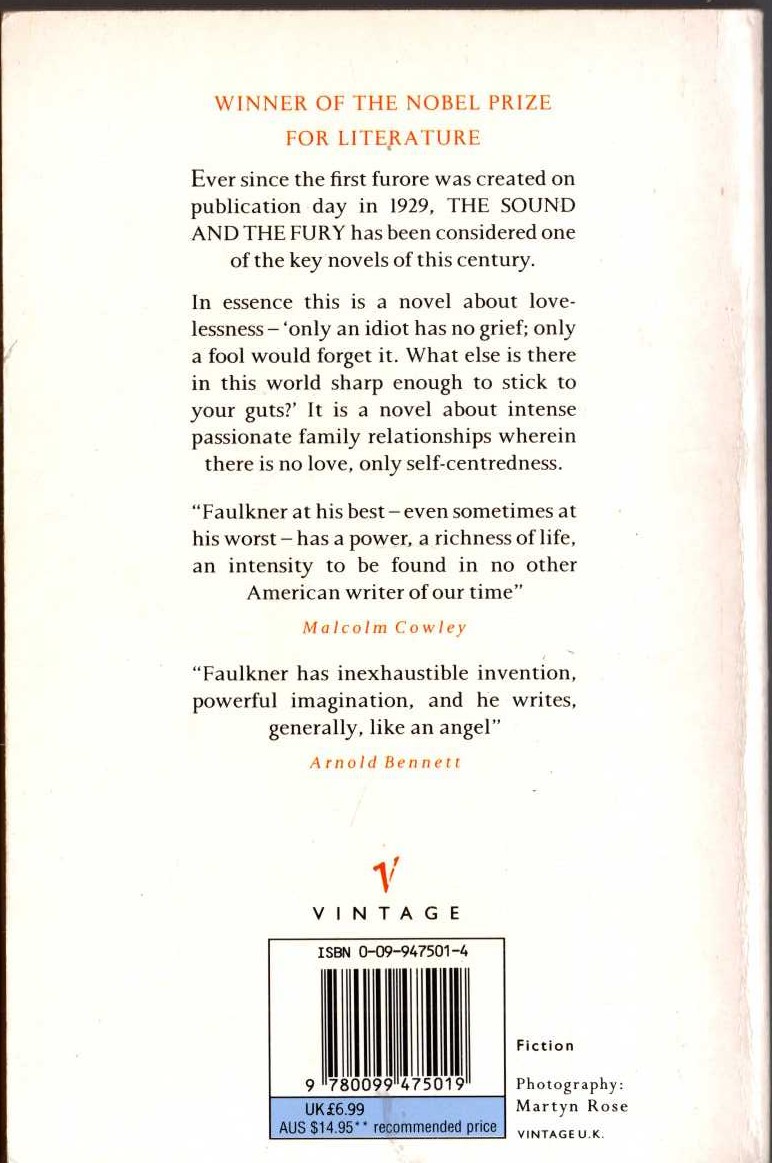 William Faulkner  THE SOUND AND THE FURY magnified rear book cover image