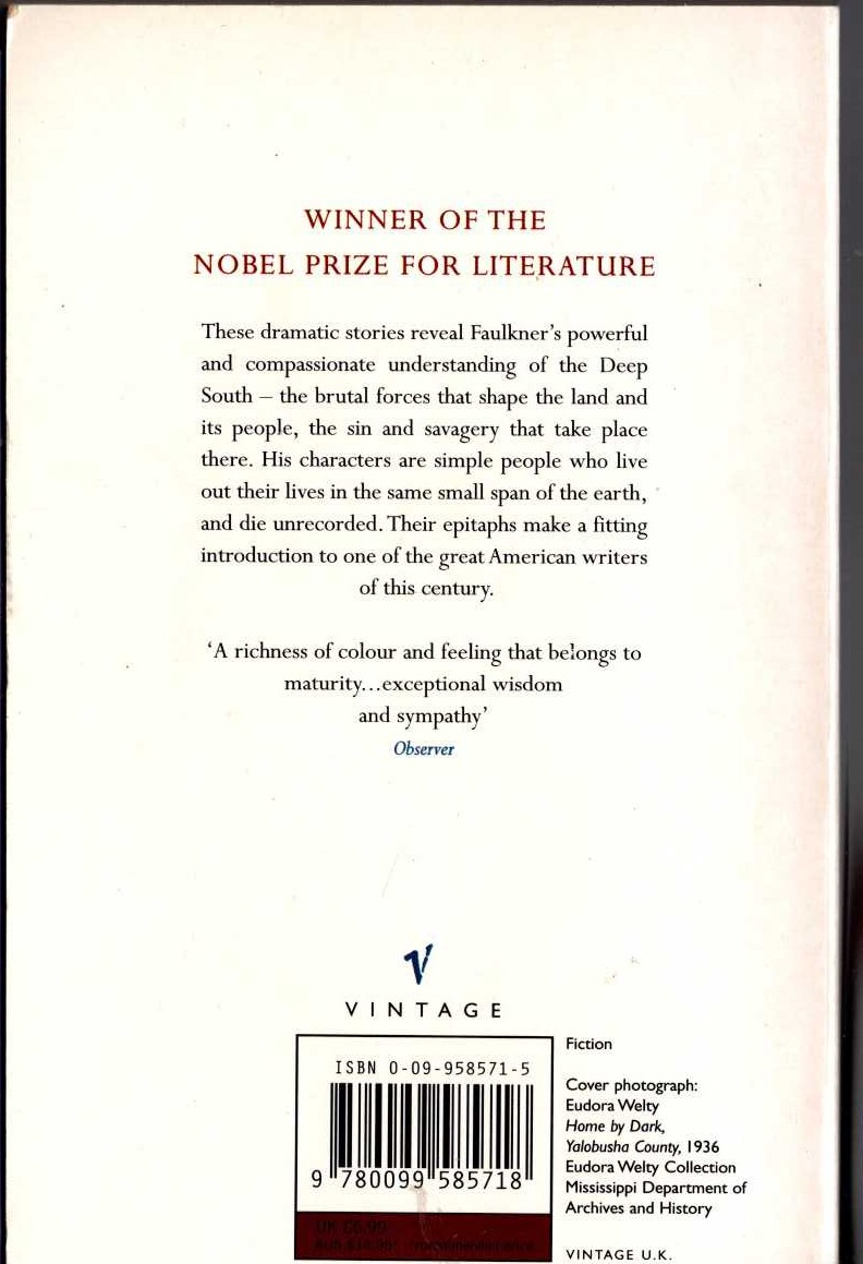 William Faulkner  GO DOWN, MOSES magnified rear book cover image