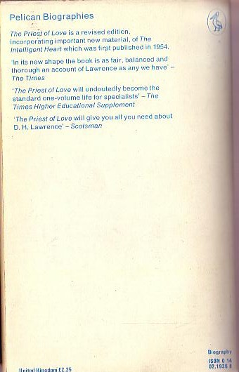 D_H_ Lawrence THE PRIEST OF LOVE: a life of D.H.Lawrence<BR>
 . .Penguin 1976 (694pp) magnified rear cover image