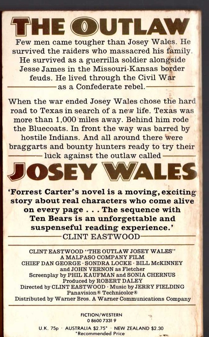 Forrest Carter  THE OUTLAW JOSEY WALES (Clint Eastwood) magnified rear book cover image