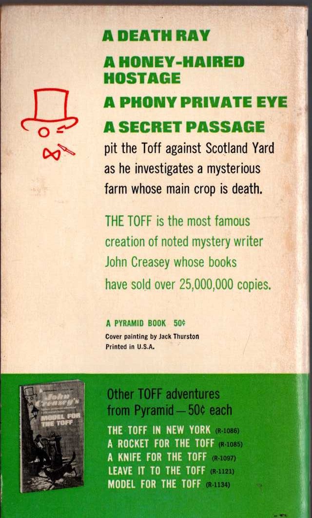 John Creasey  TERROR FOR THE TOFF [U.K. title: THE TOFF ON THE FARM] magnified rear book cover image
