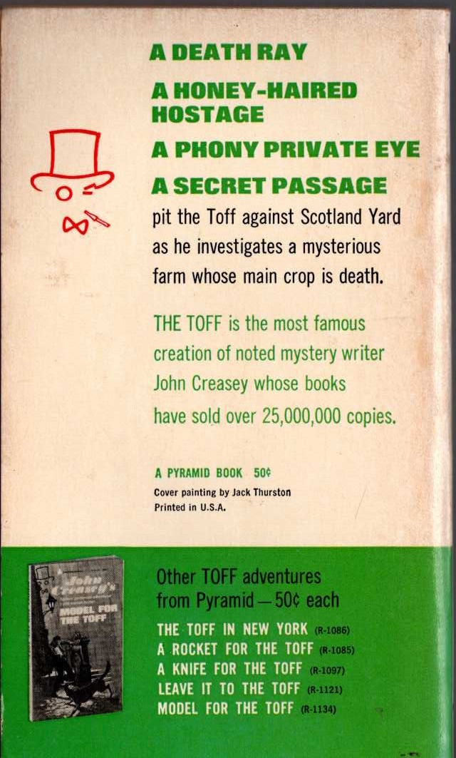 John Creasey  TERROR FOR THE TOFF [U.K. title: THE TOFF ON THE FARM] magnified rear book cover image