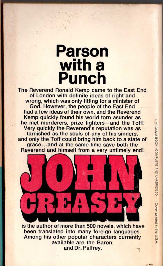 John Creasey  THE TOFF AND THE DEADLY PARSON magnified rear book cover image