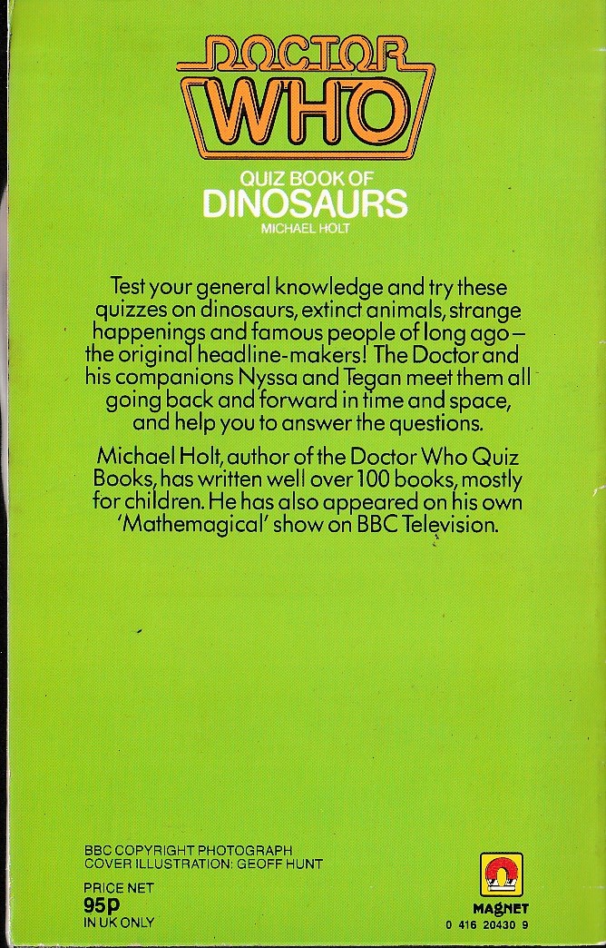 Michael Holt  DOCTOR WHO QUIZ BOOK OF DINOSAURS magnified rear book cover image