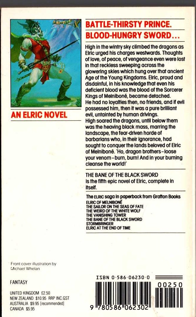 Michael Moorcock  THE BANE OF THE BLACK SWORD magnified rear book cover image