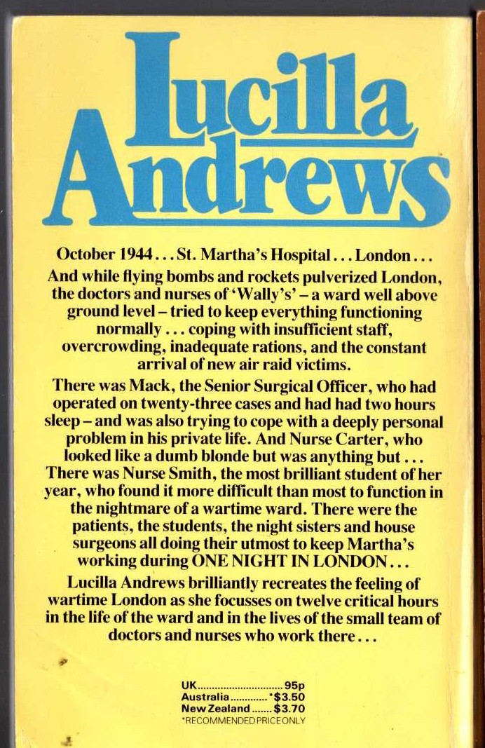 Lucilla Andrews  ONE NIGHT IN LONDON magnified rear book cover image