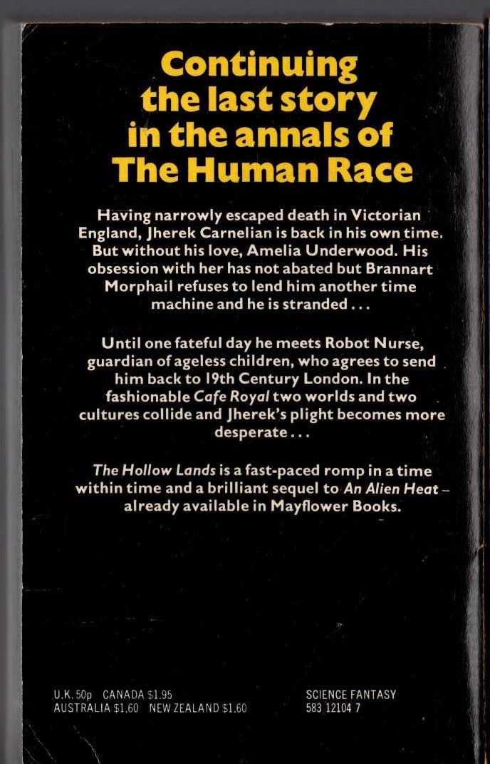 Michael Moorcock  THE HOLLOW LANDS magnified rear book cover image