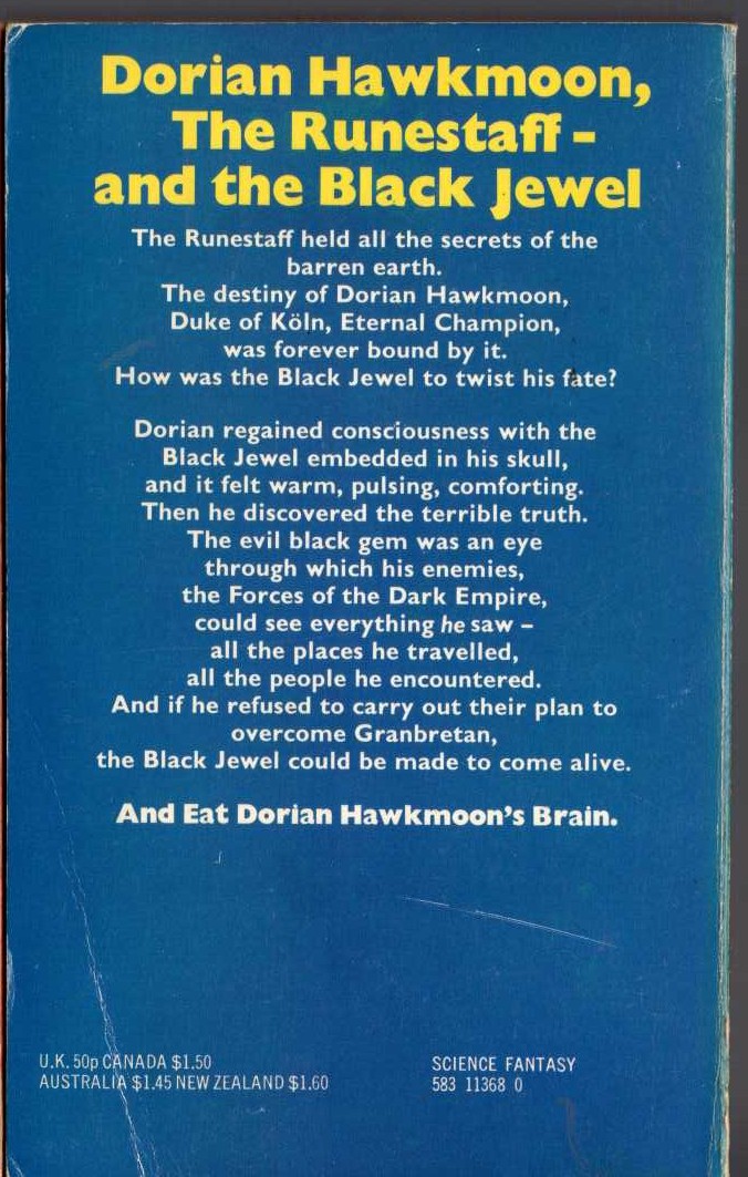 Michael Moorcock  THE JEWEL IN THE SKULL magnified rear book cover image