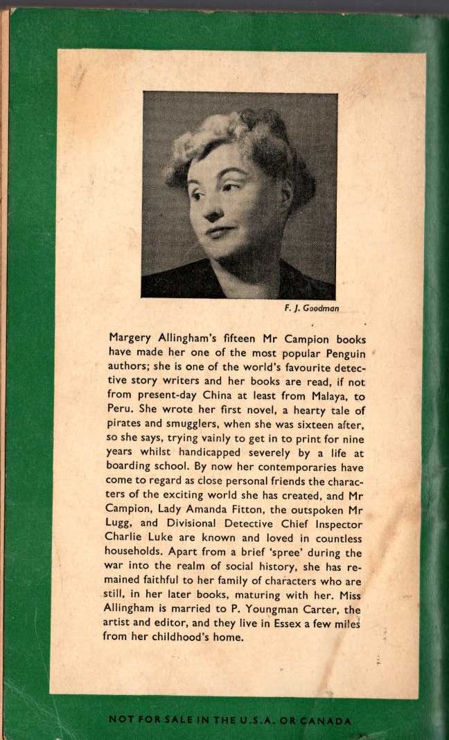 Margery Allingham  FLOWERS FOR THE JUDGE magnified rear book cover image