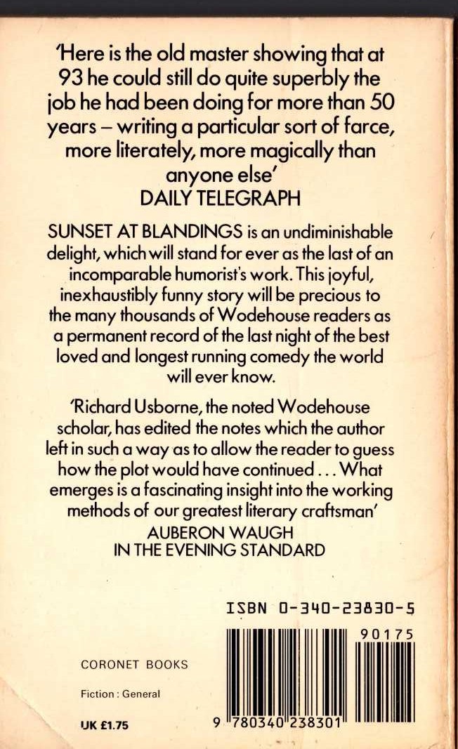 P.G. Wodehouse  SUNSET AT BLANDINGS magnified rear book cover image