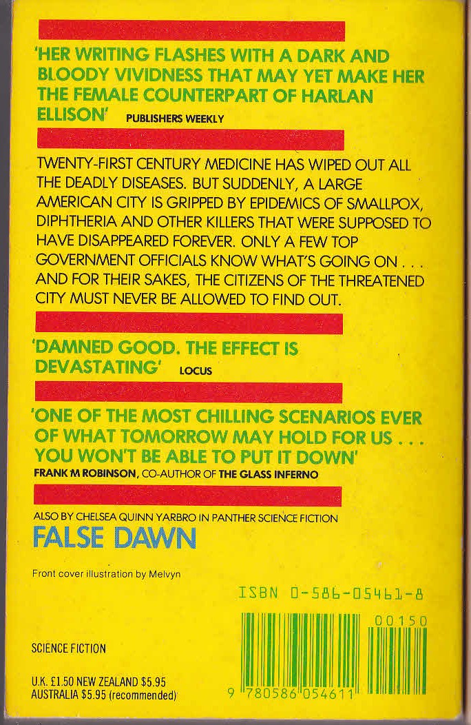 Chelsea Quinn Yarbro  TIME OF THE FOURTH HORSEMAN magnified rear book cover image