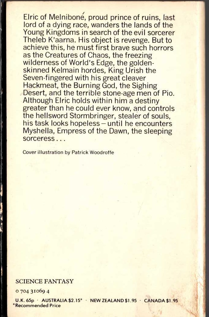 Michael Moorcock  THE SLEEPING SORCERESS magnified rear book cover image