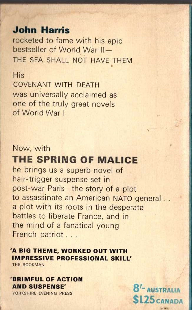 John Harris  THE PRING OF MALICE magnified rear book cover image