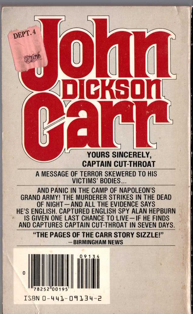John Dickson Carr  CAPTAIN CUT-THROAT magnified rear book cover image