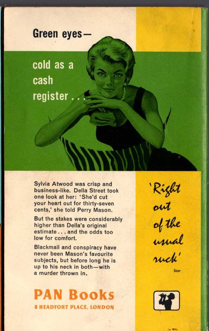 Erle Stanley Gardner  THE CASE OF THE GREEN-EYED SISTER magnified rear book cover image
